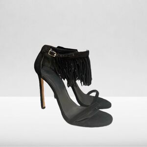 Stuart Weitzman Lovefringe Black Suede Nudist style Stiletto Sandal Size 9